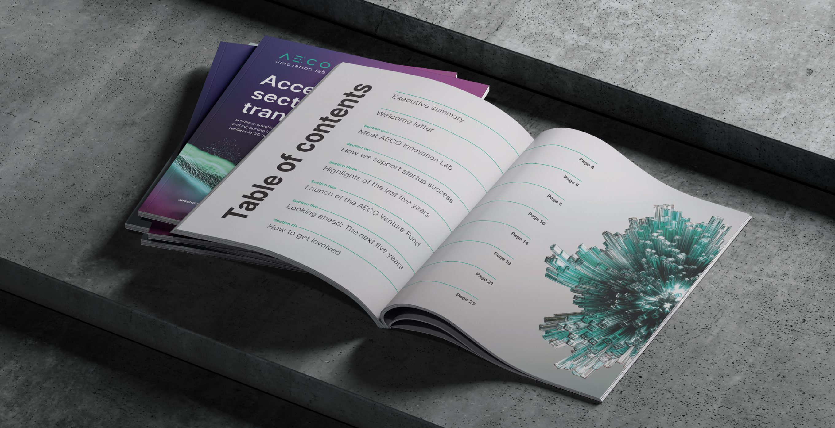 AECO magazine table of contents spread