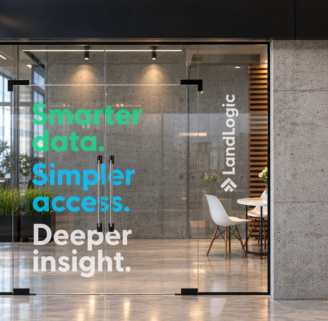 LandLogic messaging on glass office entrance