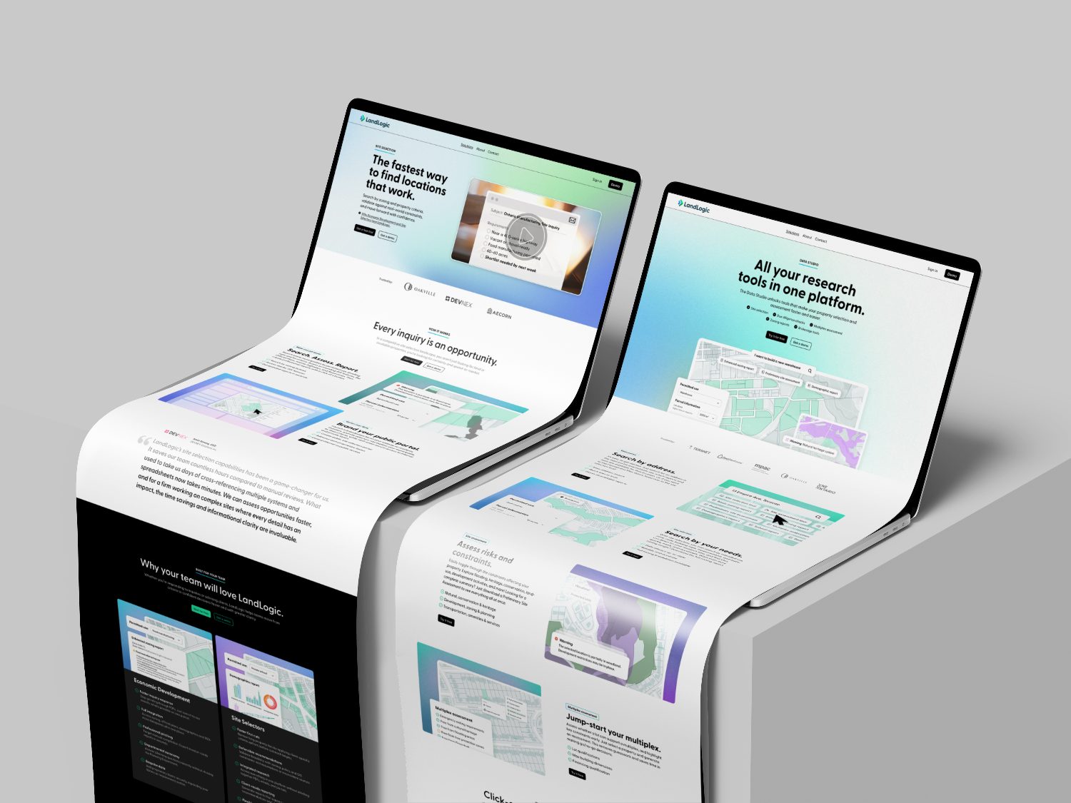 LandLogic website pages on curved laptops