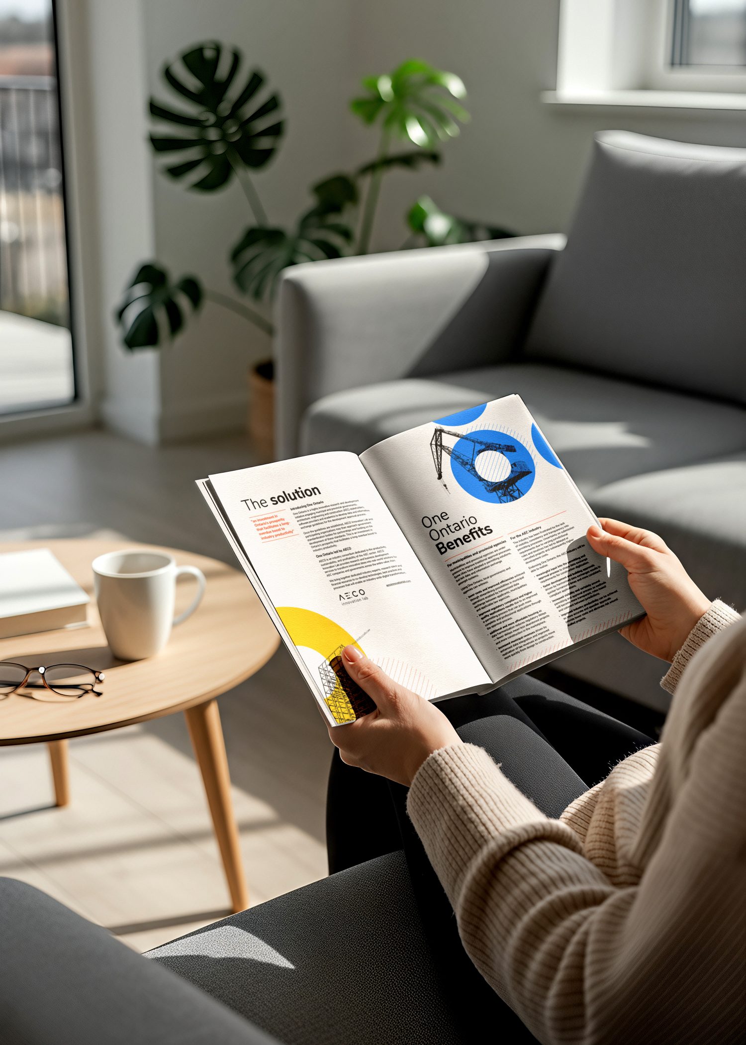 Person reading the One Ontario brochure on a sofa