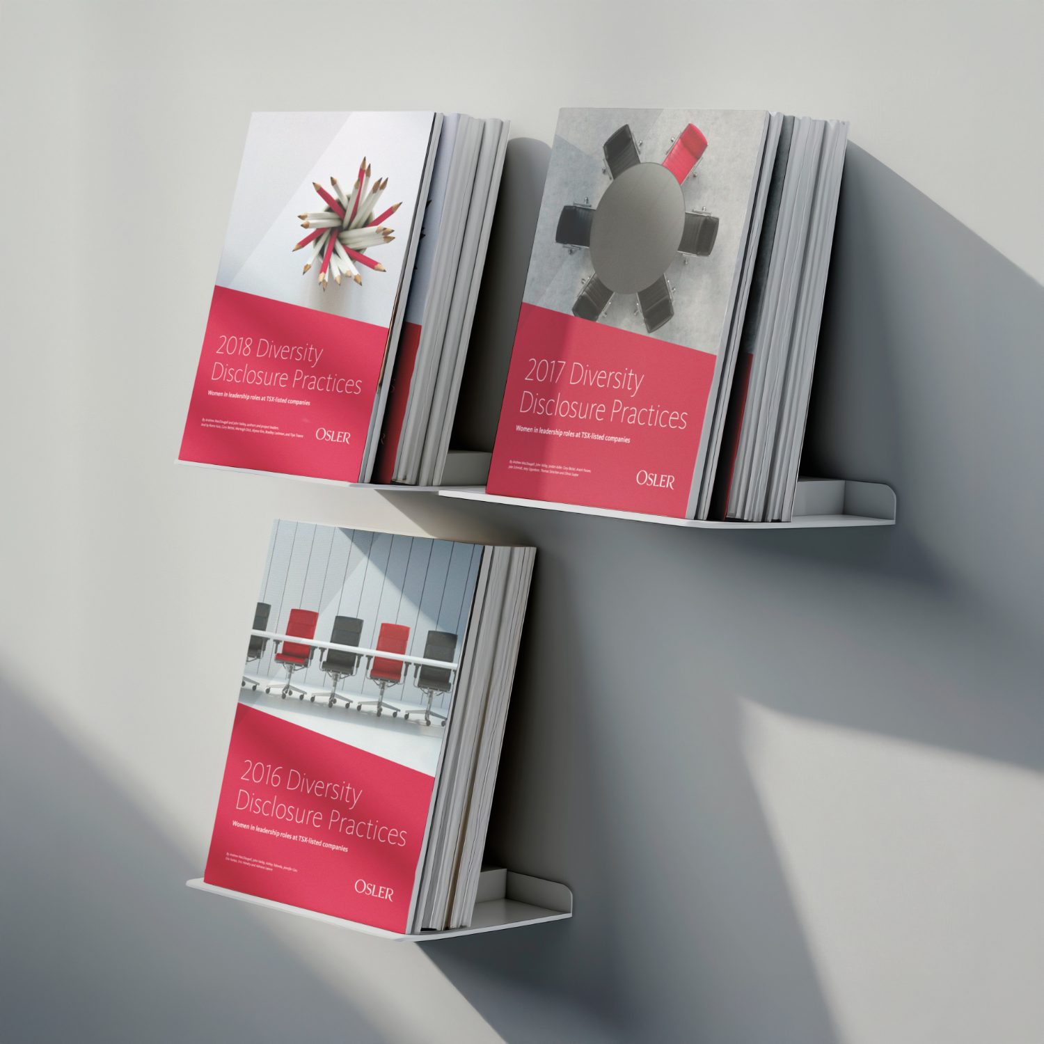 Osler Diversity Disclosure Practices reports on wall shelves